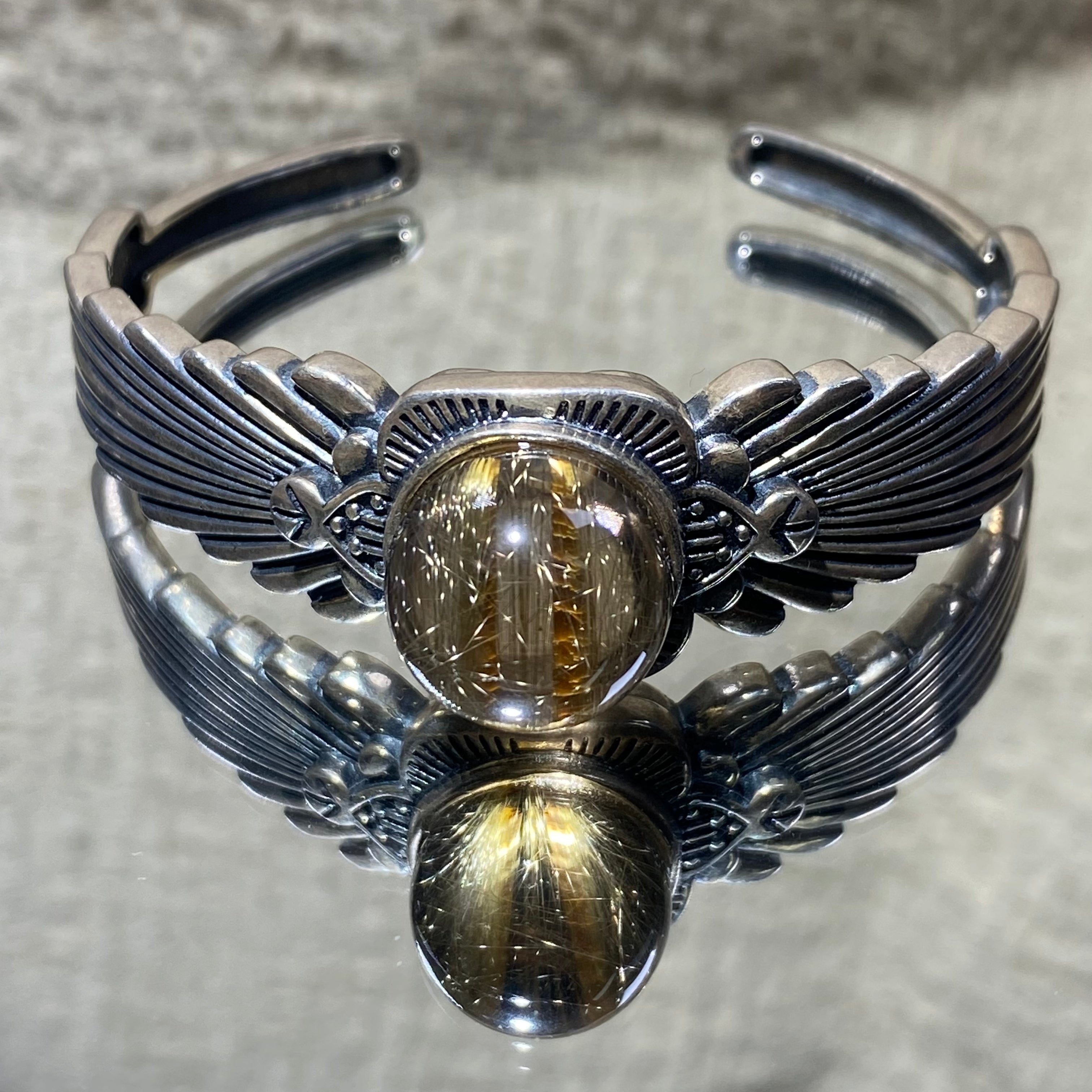Angel Wings Natural Golden Rutilated Quartz S925 Silver Open Bangle