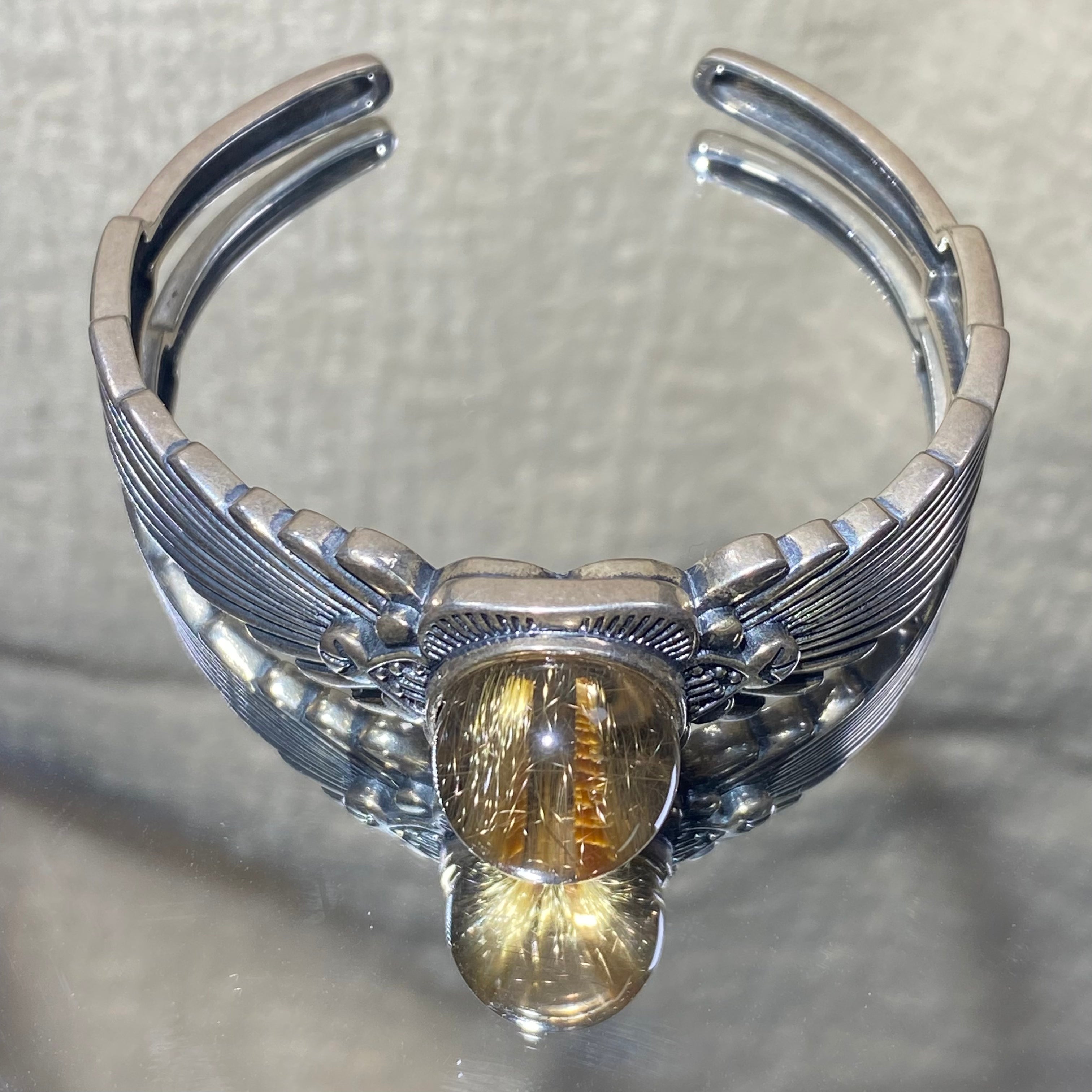 Angel Wings Natural Golden Rutilated Quartz S925 Silver Open Bangle