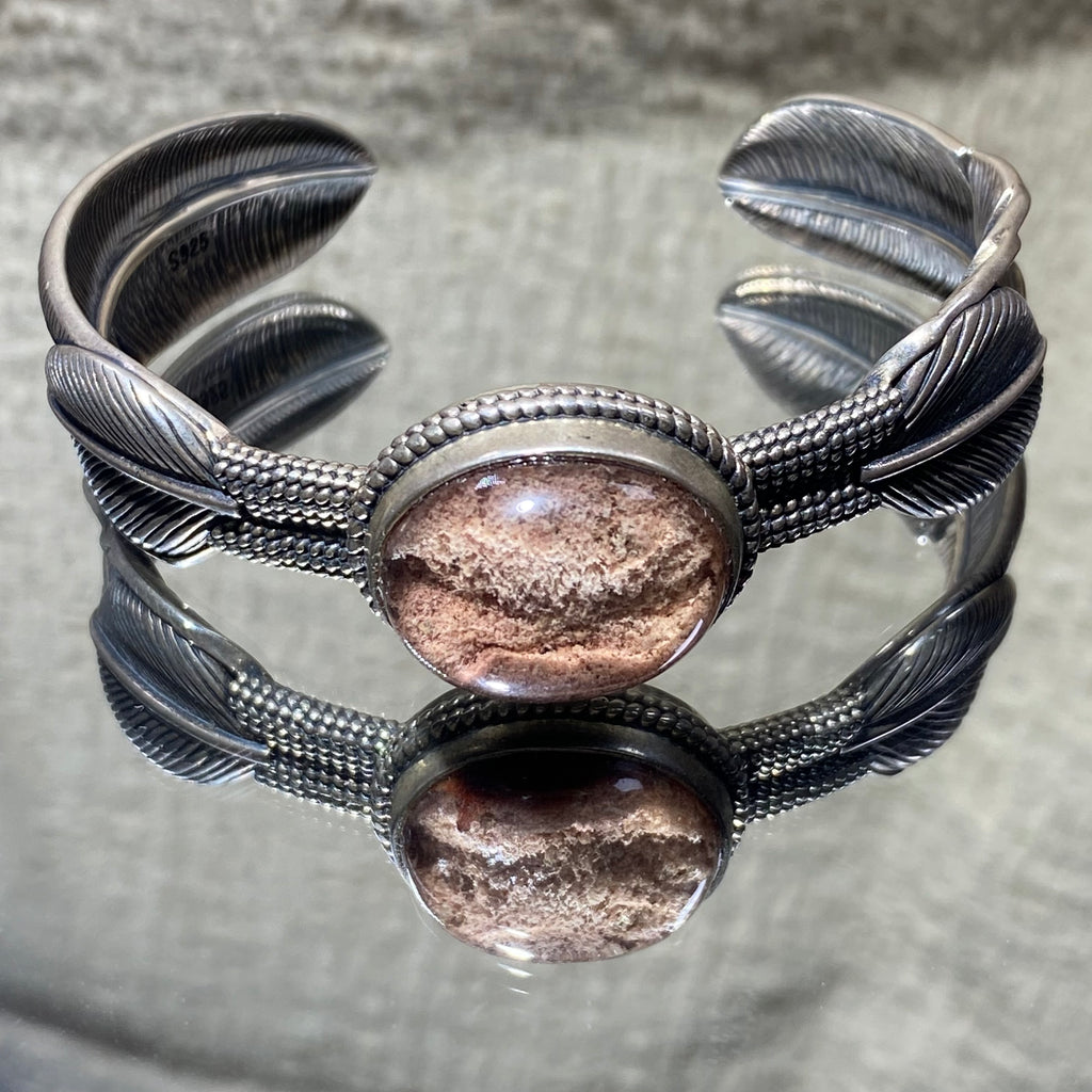 Natural Red Phantom Quartz S925 Feather Band Open Bangle