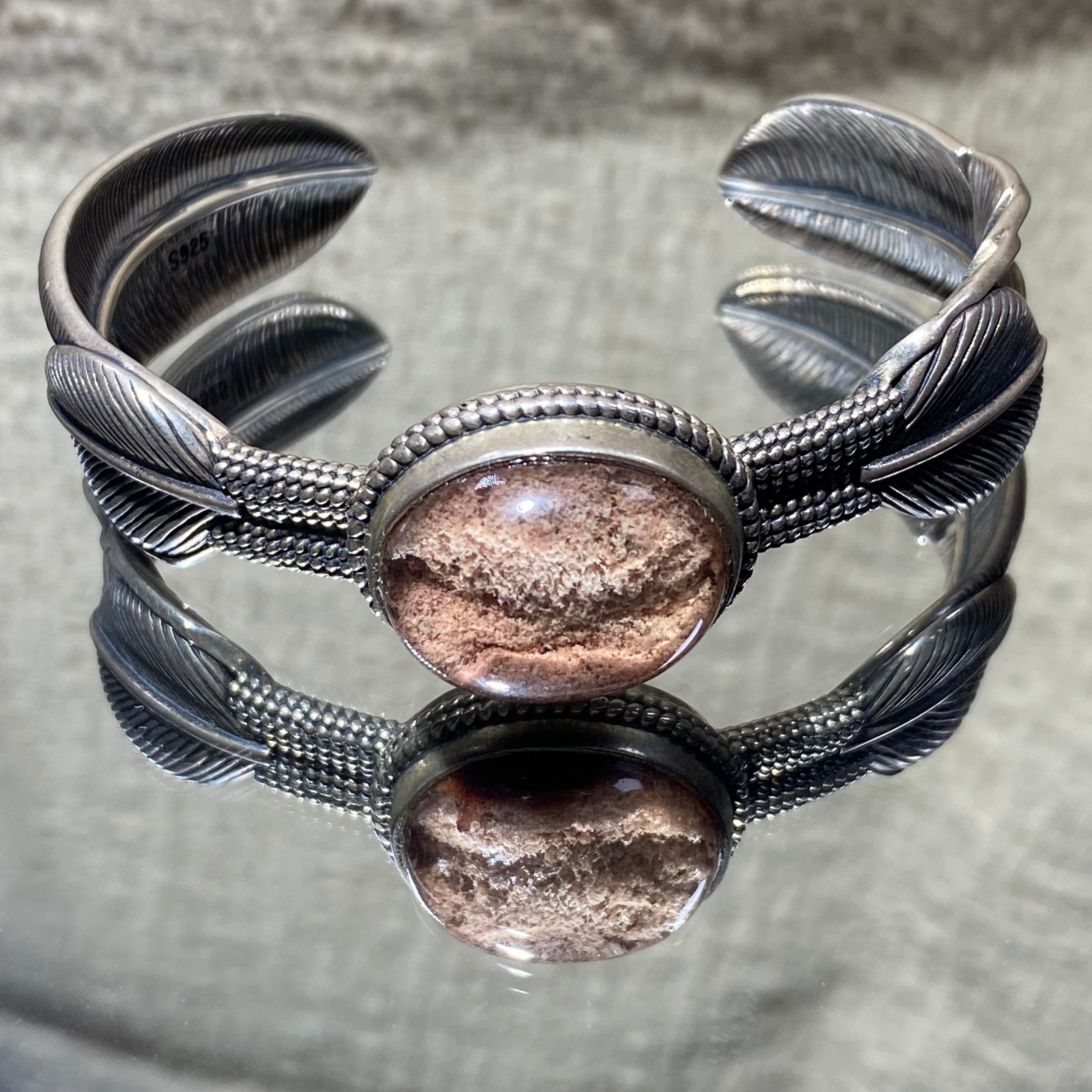 Natural Red Phantom Quartz S925 Feather Band Open Bangle