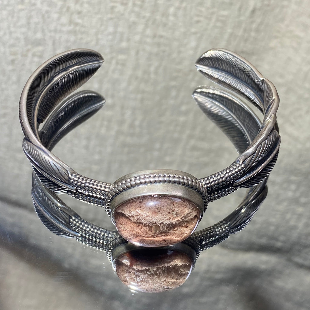 Natural Red Phantom Quartz S925 Feather Band Open Bangle