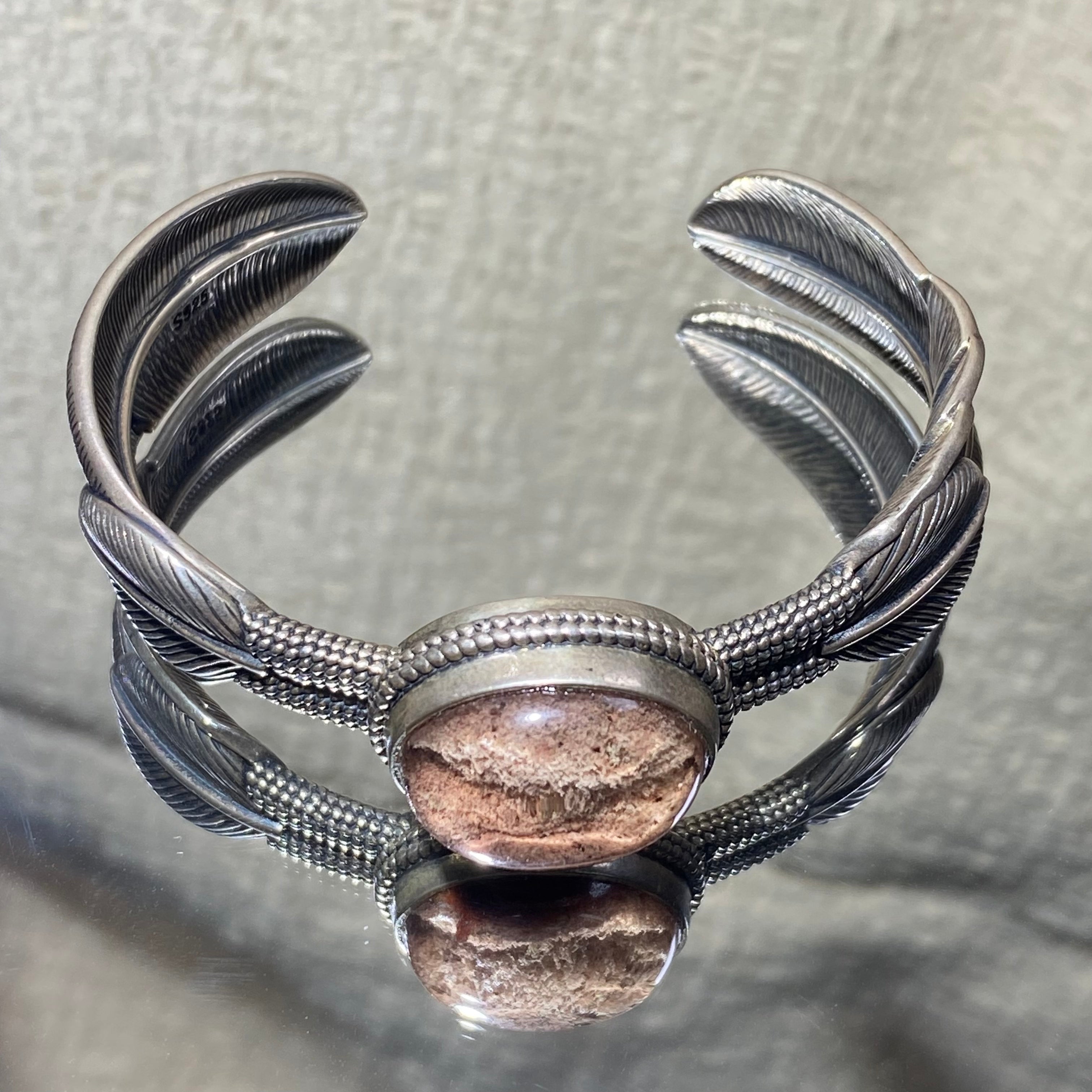 Natural Red Phantom Quartz S925 Feather Band Open Bangle