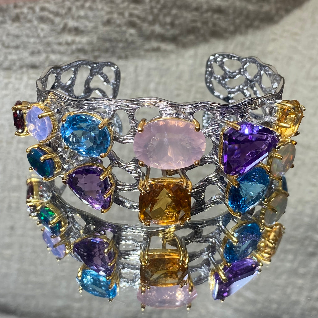 Colorful Natural Multi-Gemstone S925 Silver Open Bangle
