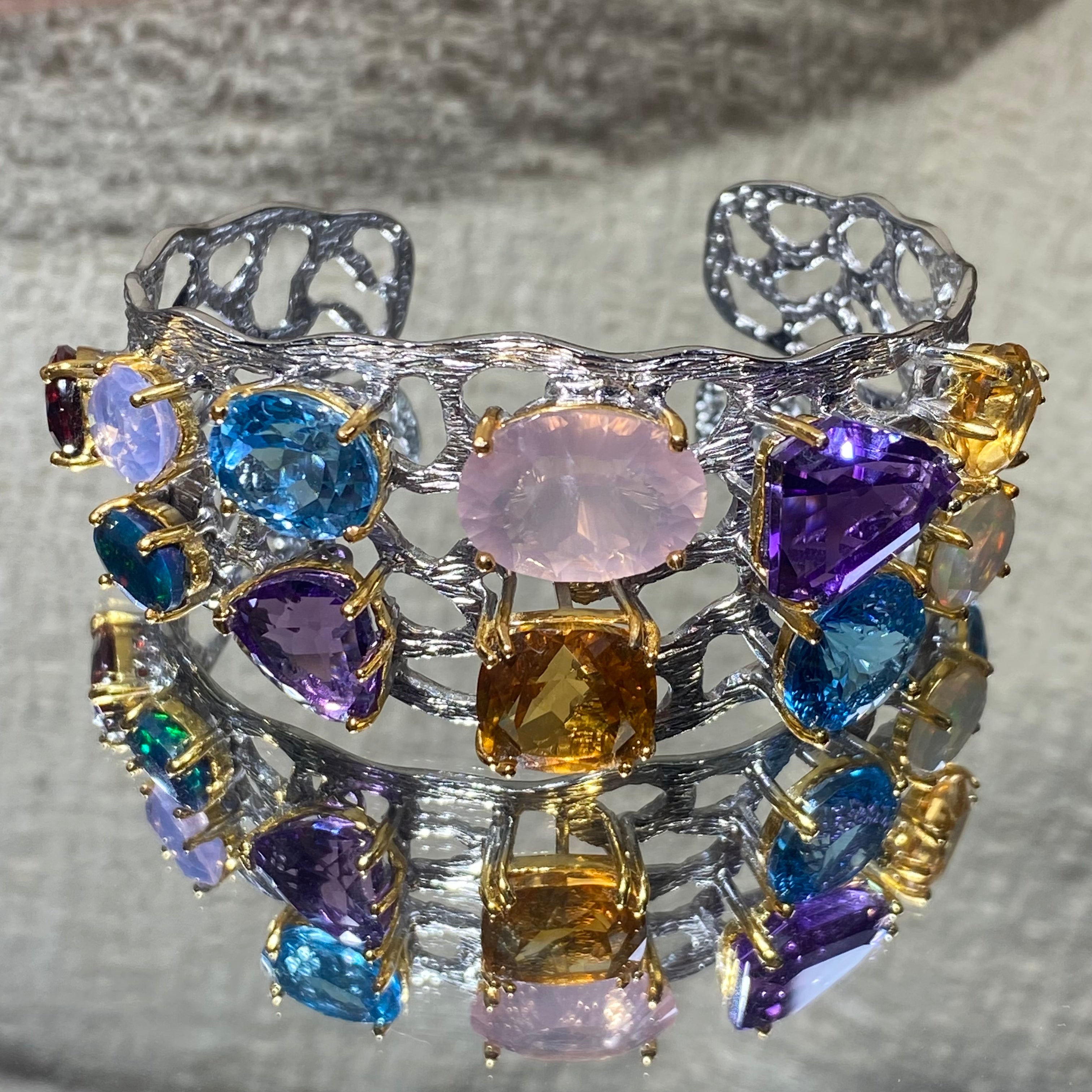 Colorful Natural Multi-Gemstone S925 Silver Open Bangle