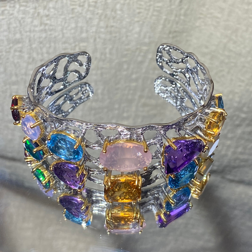 Colorful Natural Multi-Gemstone S925 Silver Open Bangle