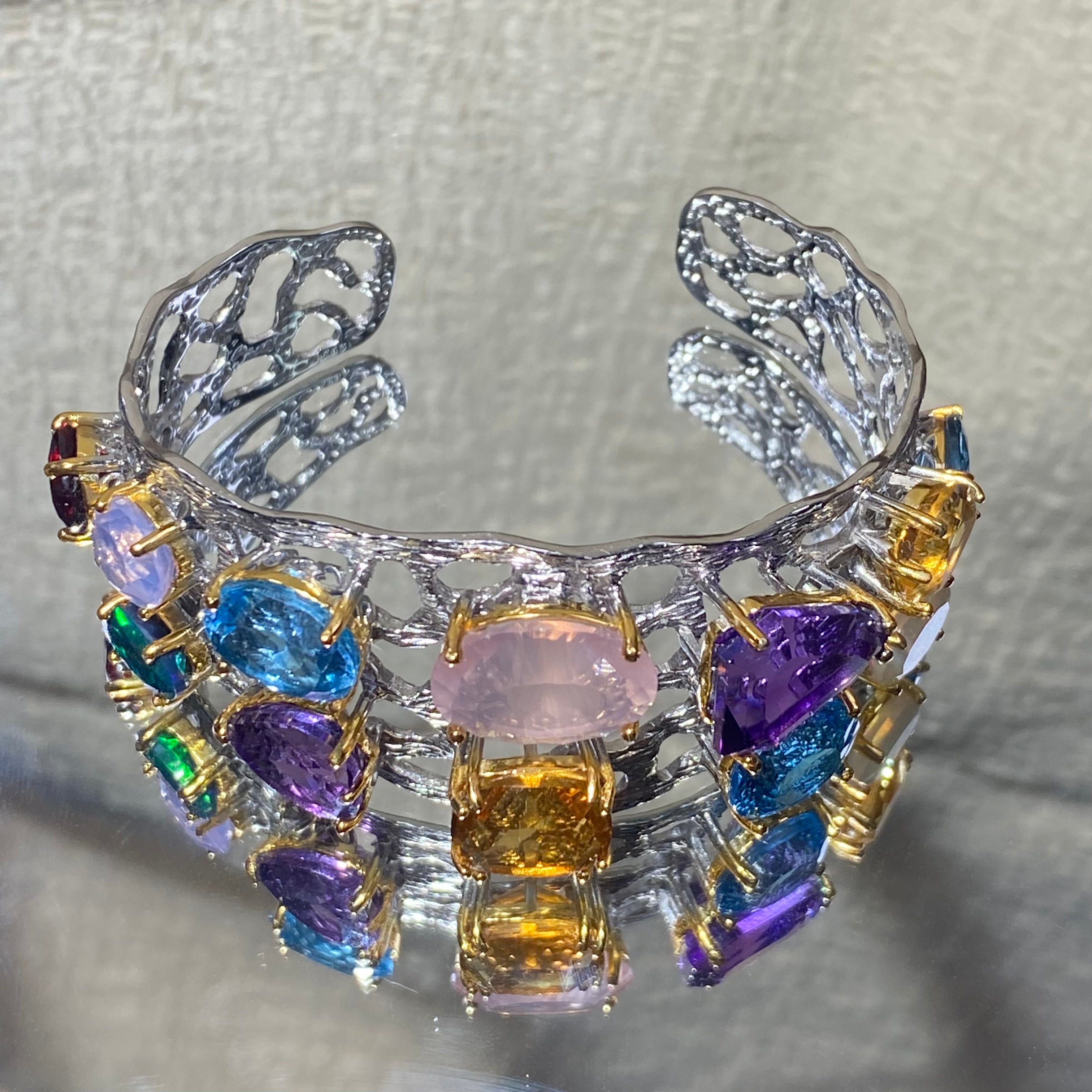 Colorful Natural Multi-Gemstone S925 Silver Open Bangle