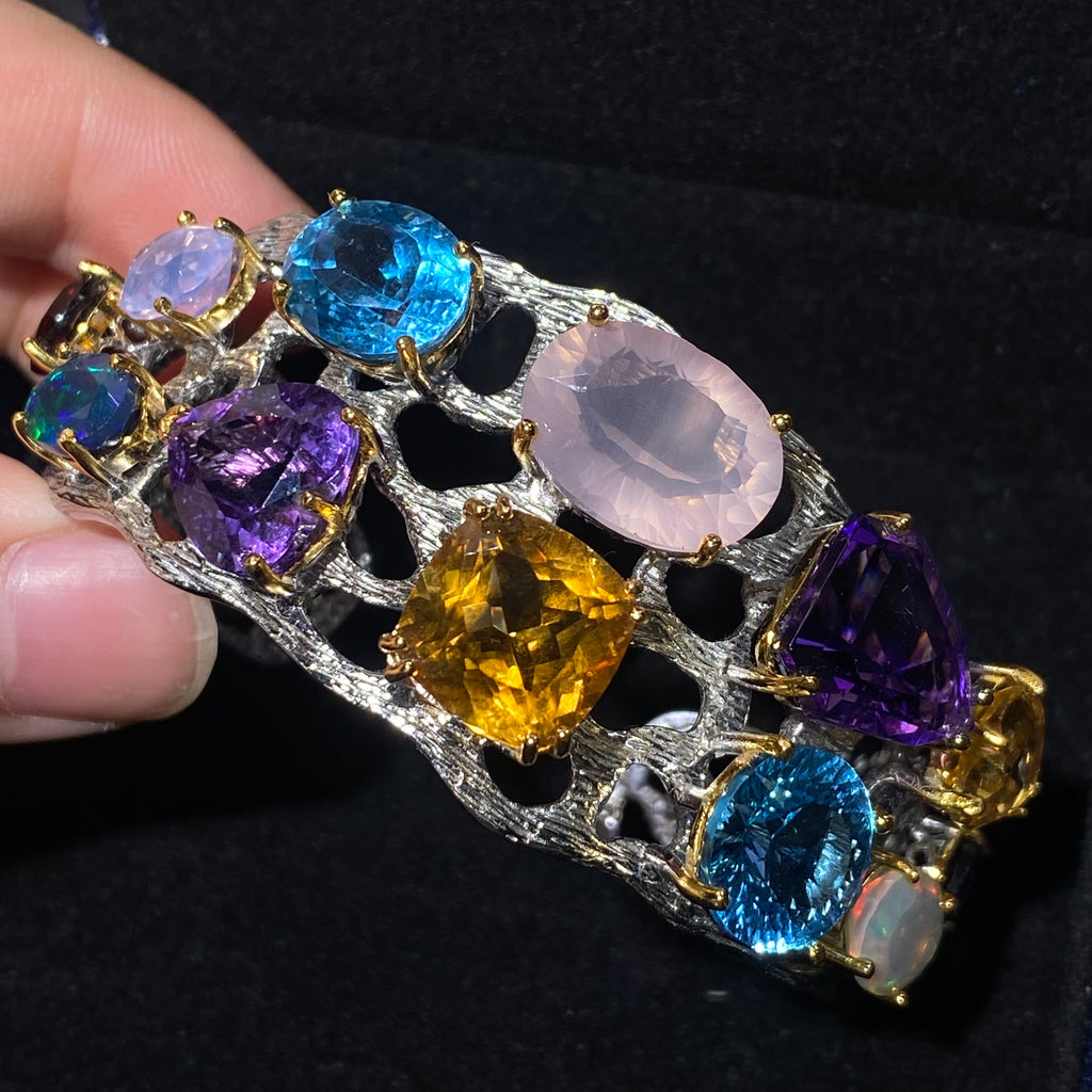 Colorful Natural Multi-Gemstone S925 Silver Open Bangle