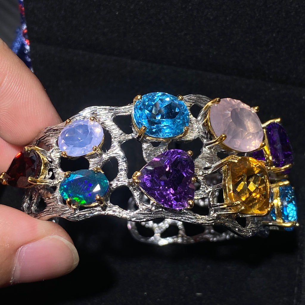 Colorful Natural Multi-Gemstone S925 Silver Open Bangle