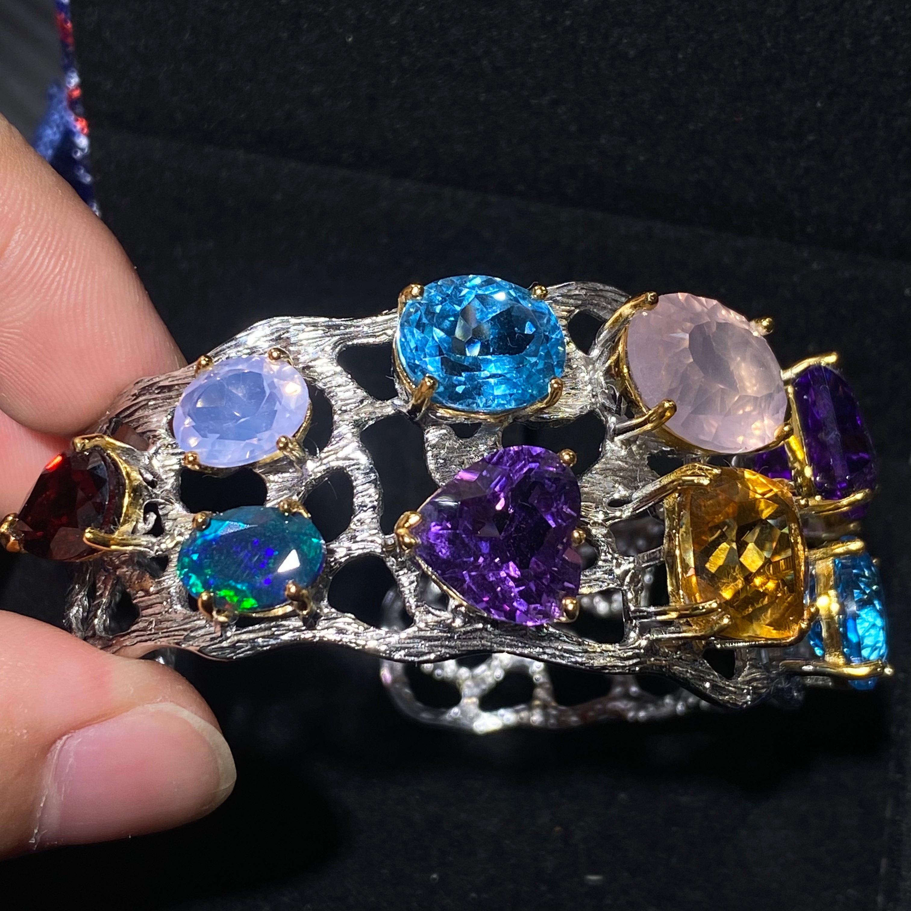 Colorful Natural Multi-Gemstone S925 Silver Open Bangle