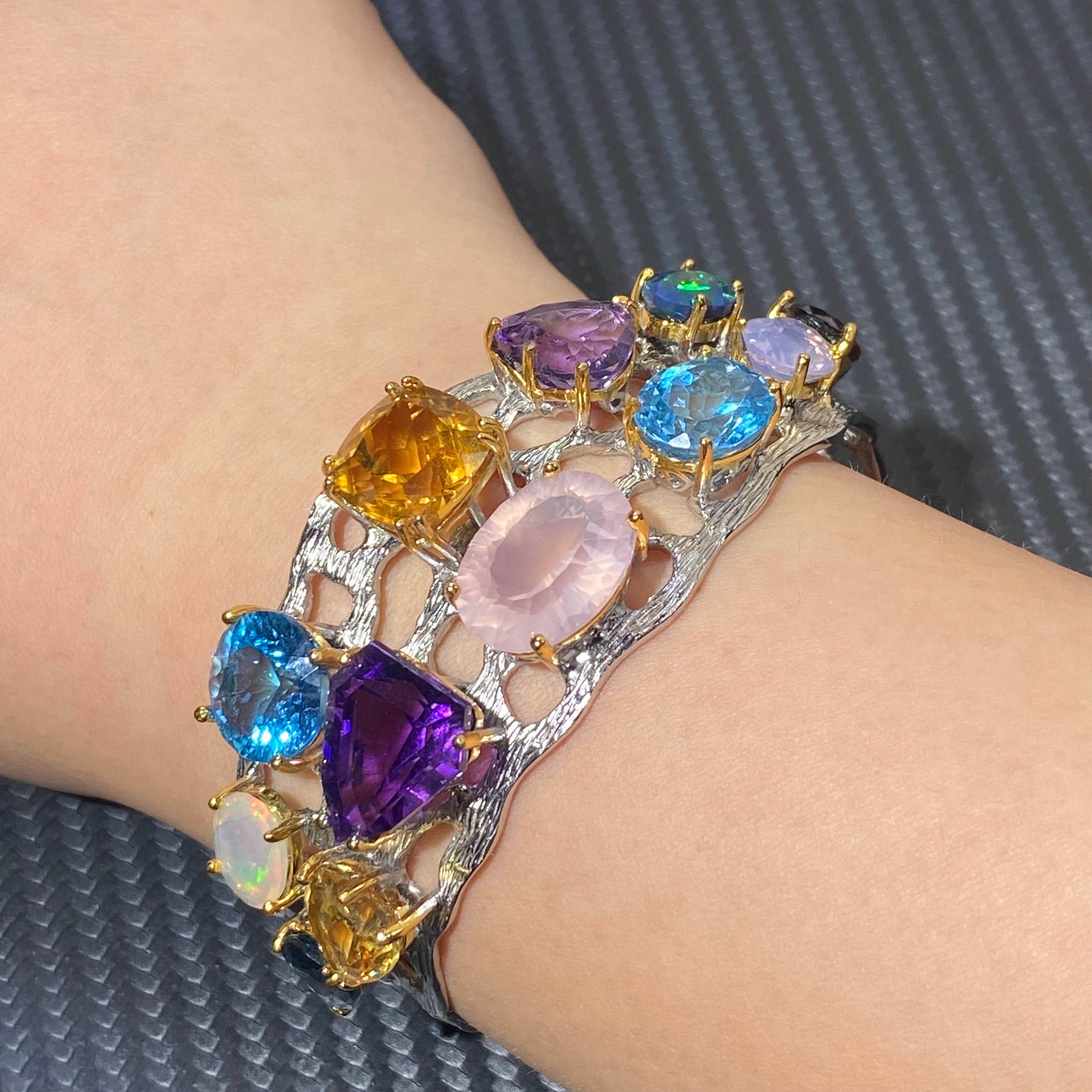 Colorful Natural Multi-Gemstone S925 Silver Open Bangle