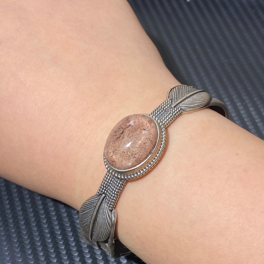 Natural Red Phantom Quartz S925 Feather Band Open Bangle