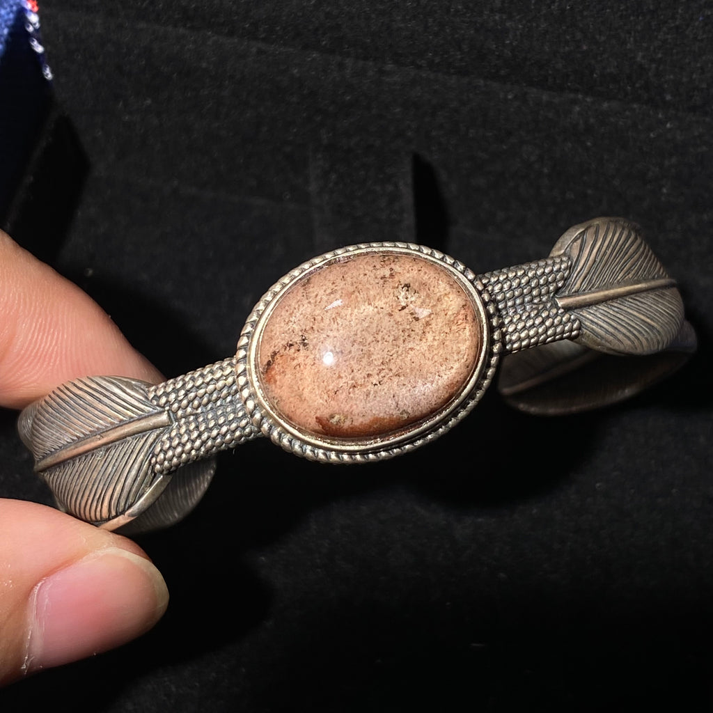 Natural Red Phantom Quartz S925 Feather Band Open Bangle