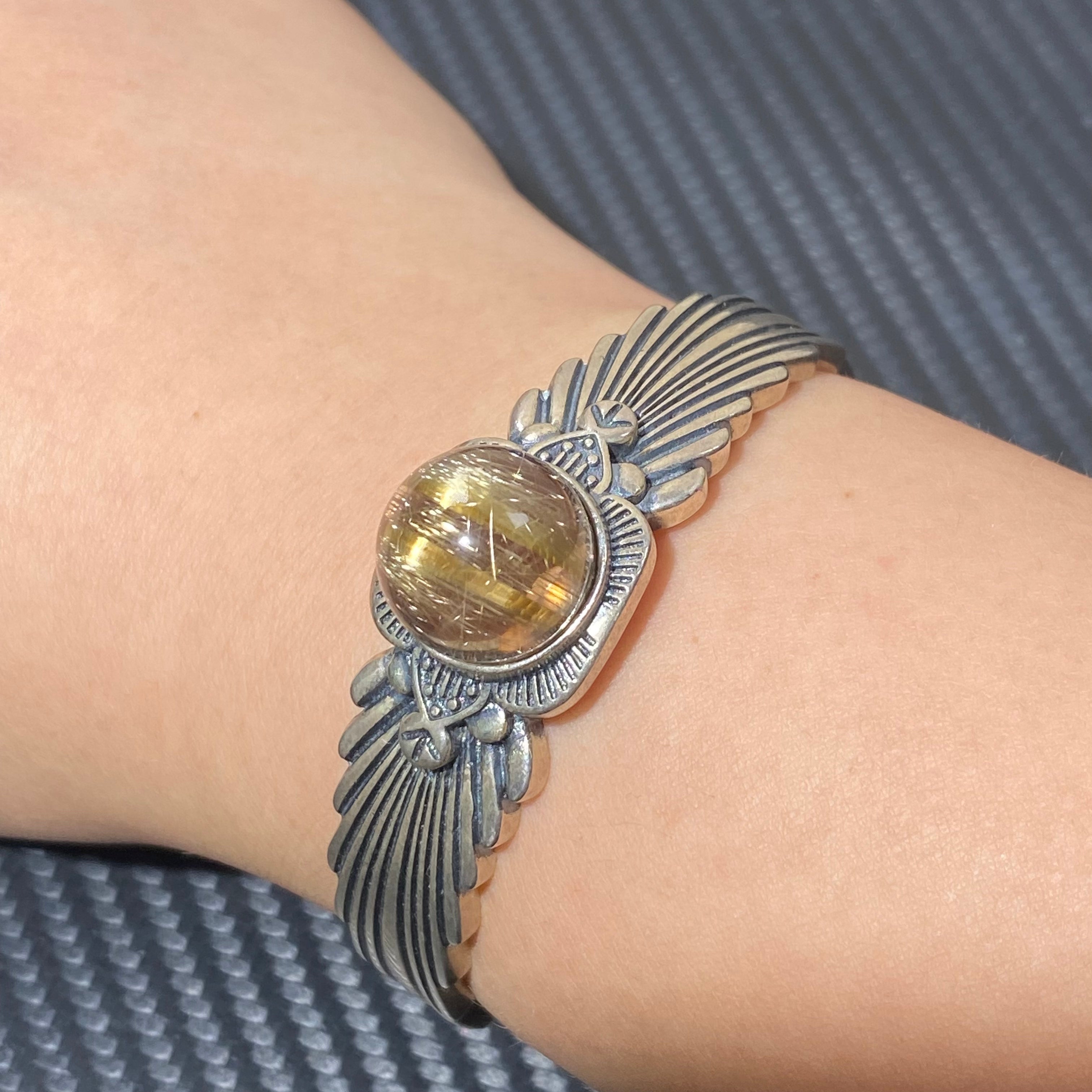 Angel Wings Natural Golden Rutilated Quartz S925 Silver Open Bangle
