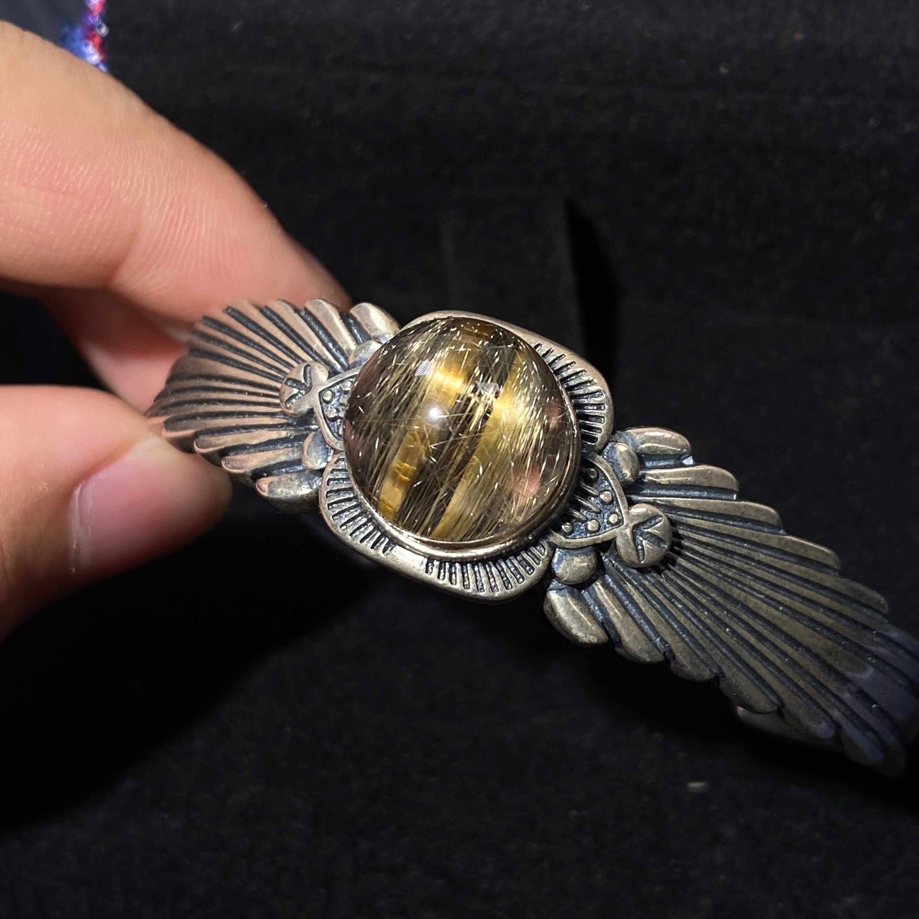 Angel Wings Natural Golden Rutilated Quartz S925 Silver Open Bangle