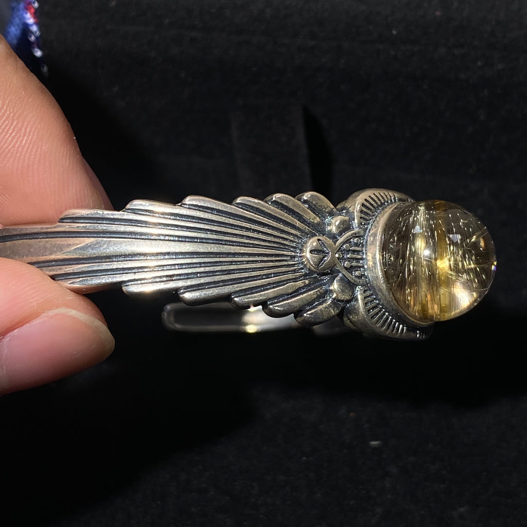 Angel Wings Natural Golden Rutilated Quartz S925 Silver Open Bangle