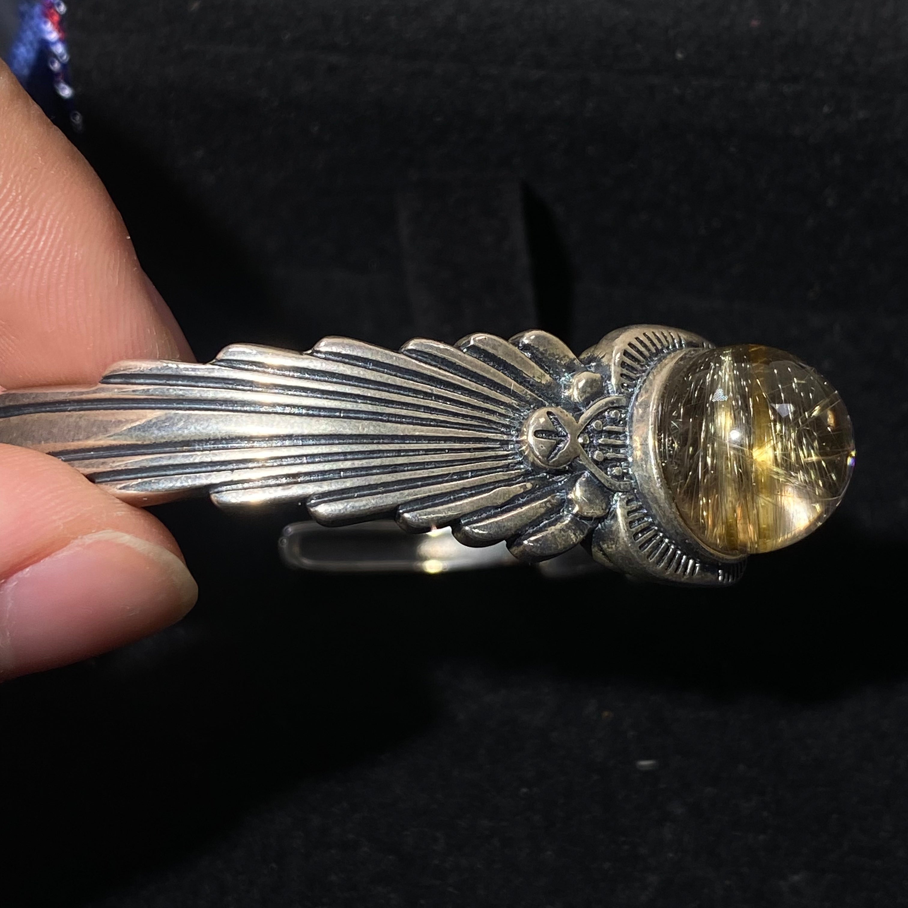 Angel Wings Natural Golden Rutilated Quartz S925 Silver Open Bangle