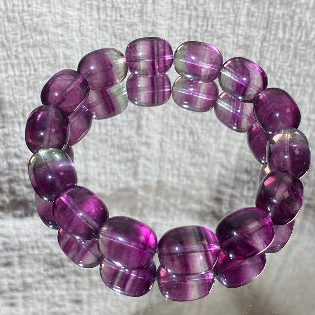 Natural Purple Green Fluorite Barrel Bead Stretch Bracelet, Fits 16cm Wrist