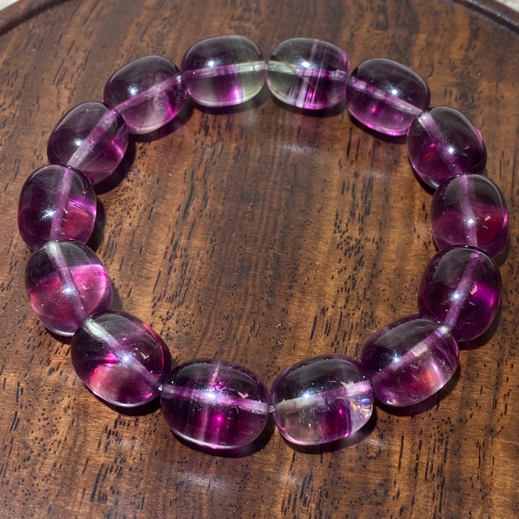 Natural Purple Green Fluorite Barrel Bead Stretch Bracelet, Fits 16cm Wrist