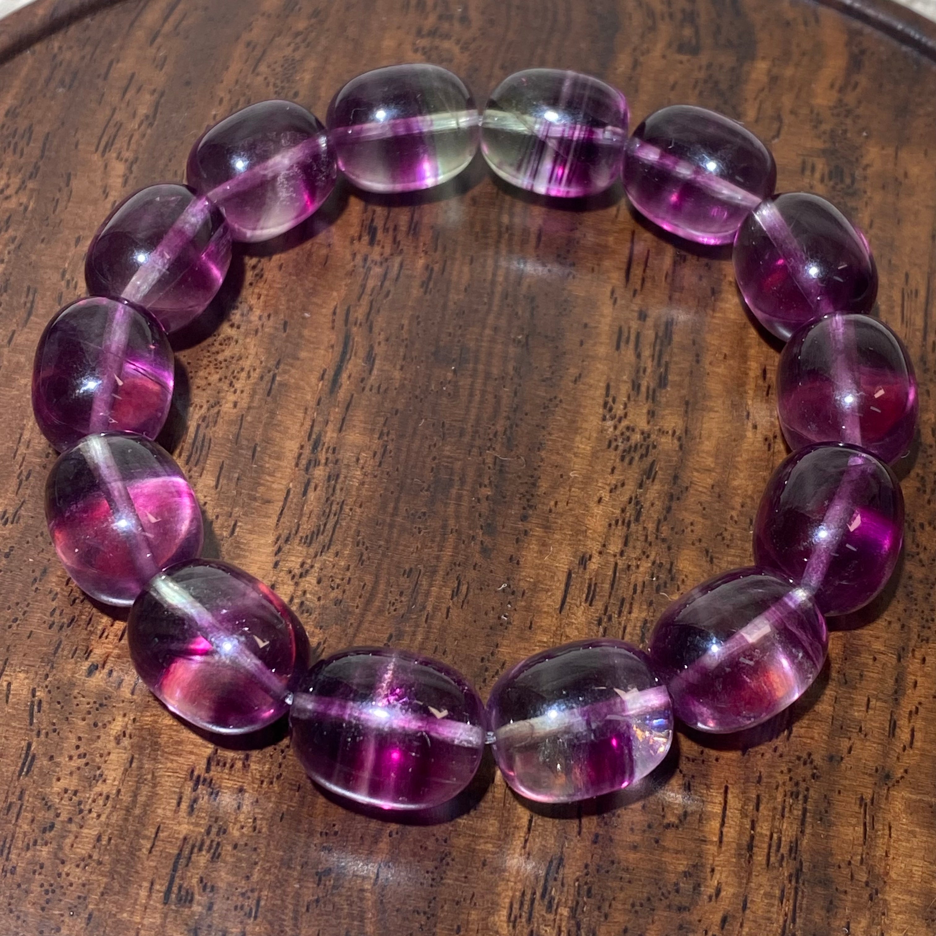 Natural Purple Green Fluorite Barrel Bead Stretch Bracelet, Fits 16cm Wrist