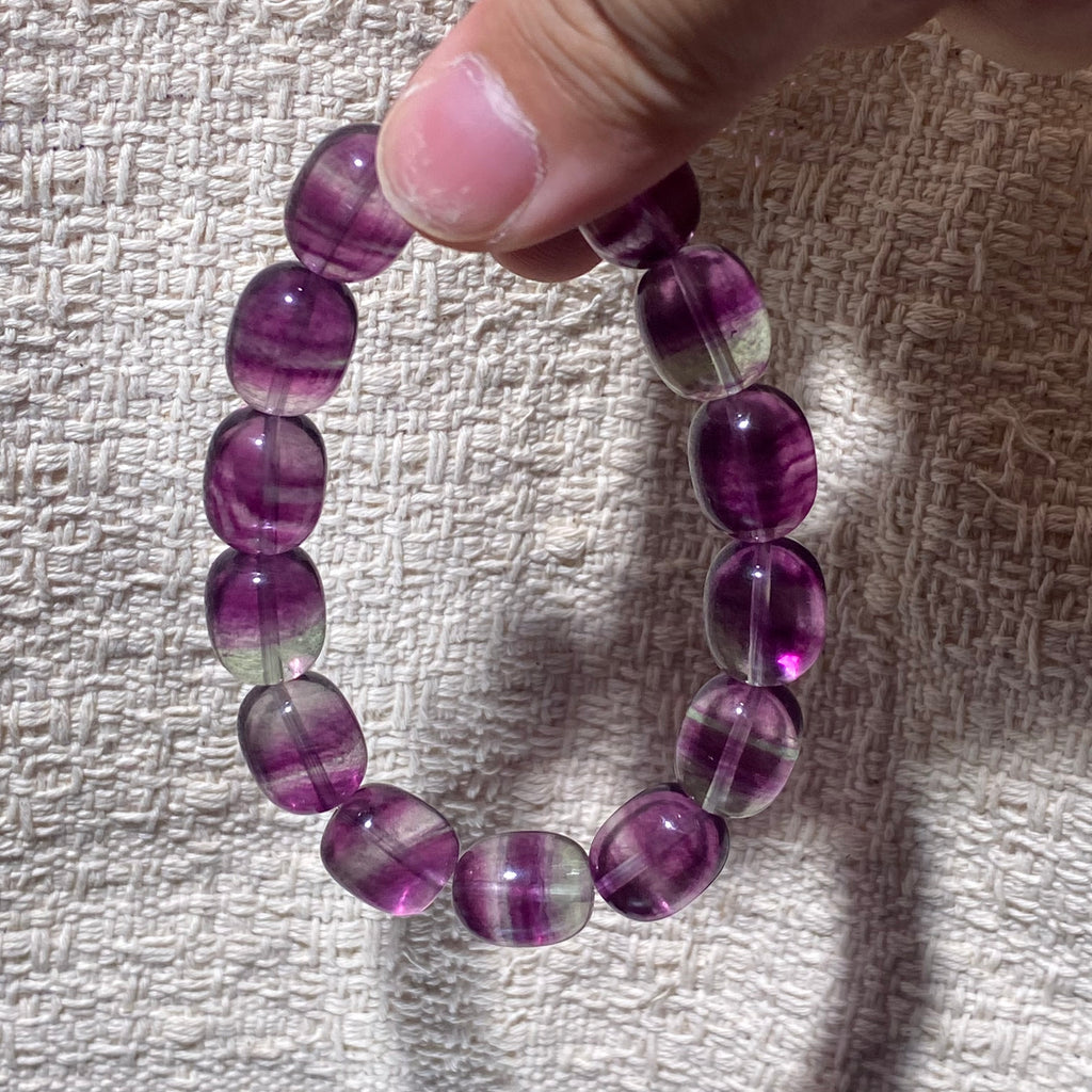 Natural Purple Green Fluorite Barrel Bead Stretch Bracelet, Fits 16cm Wrist