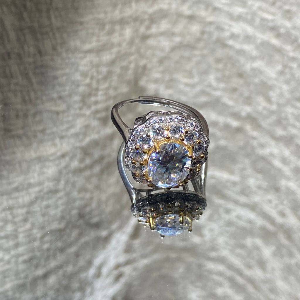 Two-Tone Flower Halo Moissanite S925 Statement Ring✨