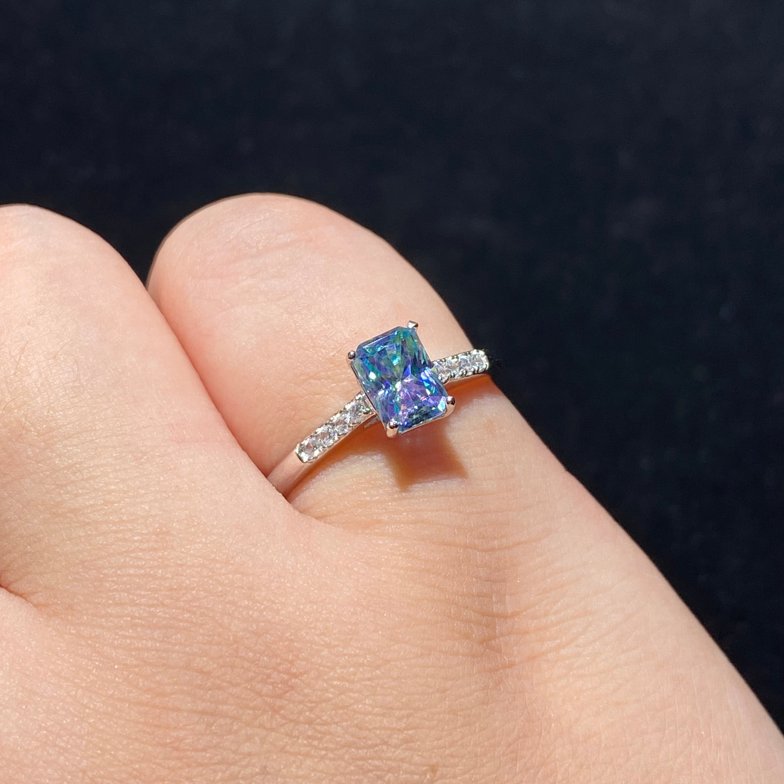 Blue Emerald-Cut Moissanite S925 Ring with Paved Band 💙