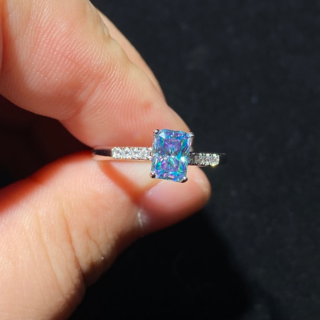 Blue Emerald-Cut Moissanite S925 Ring with Paved Band 💙