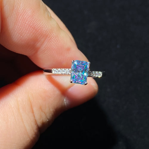 Blue Emerald-Cut Moissanite S925 Ring with Paved Band 💙