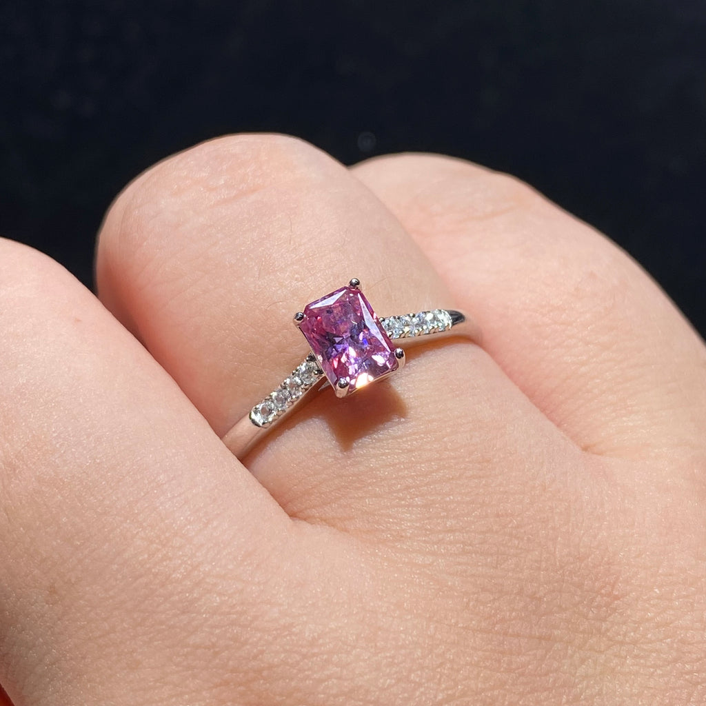 Pink Emerald-Cut Moissanite S925 Ring with Paved Band 💗