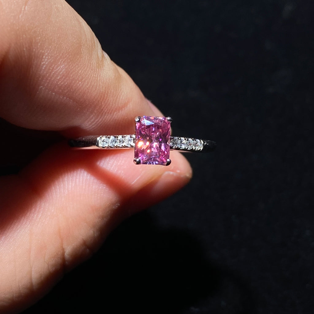 Pink Emerald-Cut Moissanite S925 Ring with Paved Band 💗