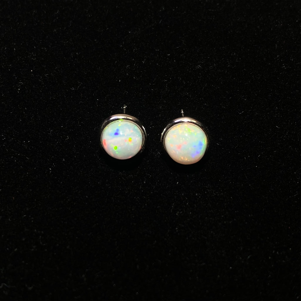 Natural Flash Opal Round Stud Earrings Minimal 925 sterling silver opal studs with vivid rainbow fire flash
