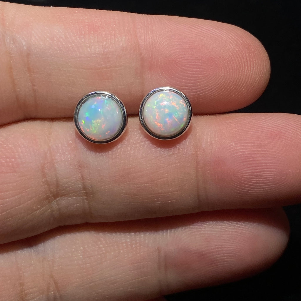 Natural Flash Opal Round Stud Earrings Minimal 925 sterling silver opal studs with vivid rainbow fire flash