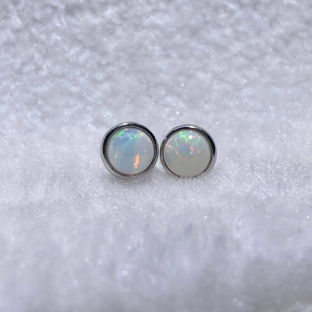 Natural Flash Opal Round Stud Earrings Minimal 925 sterling silver opal studs with vivid rainbow fire flash
