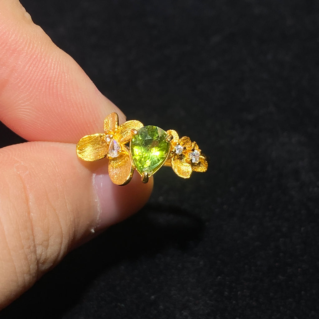 Natural Peridot Floral Leaf Open Gold Plated Ring Handcrafted leaf flower design vivid green peridot birthstone statement ring