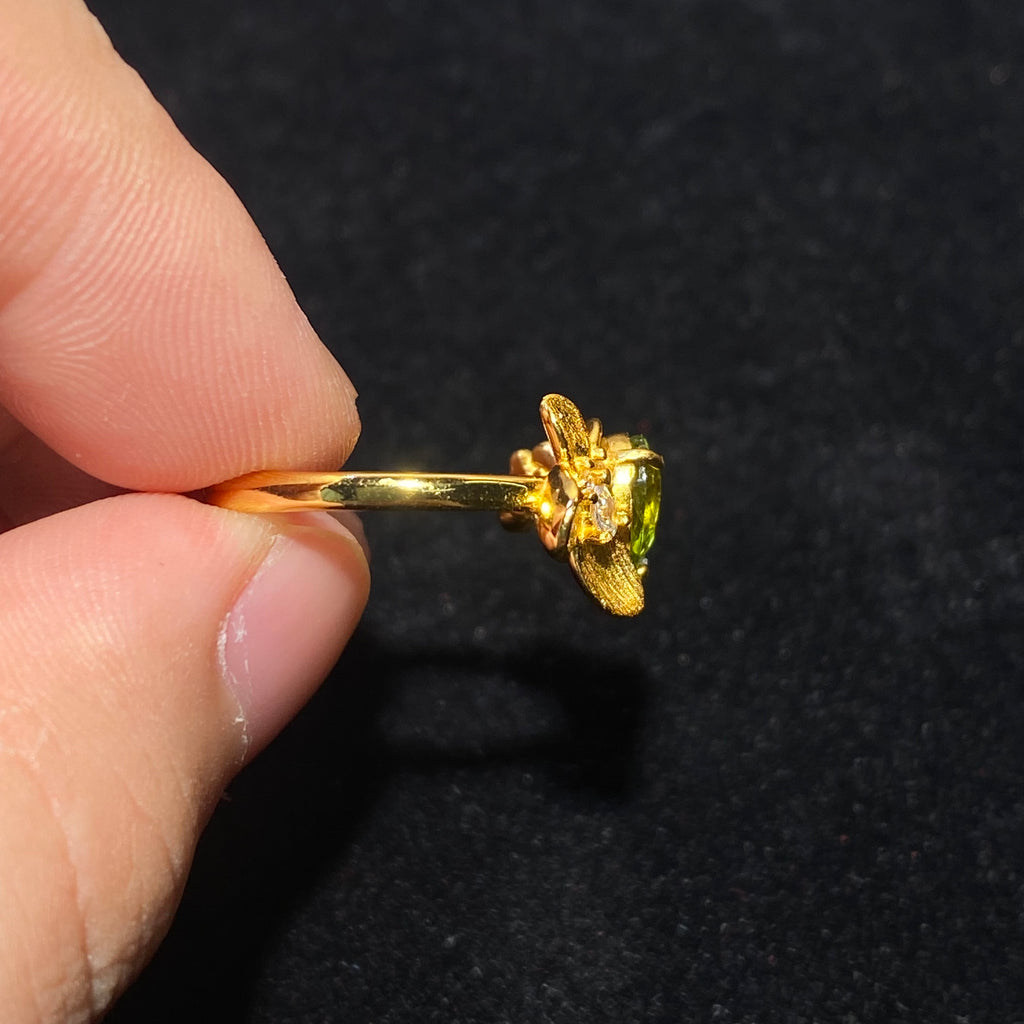 Natural Peridot Floral Leaf Open Gold Plated Ring Handcrafted leaf flower design vivid green peridot birthstone statement ring