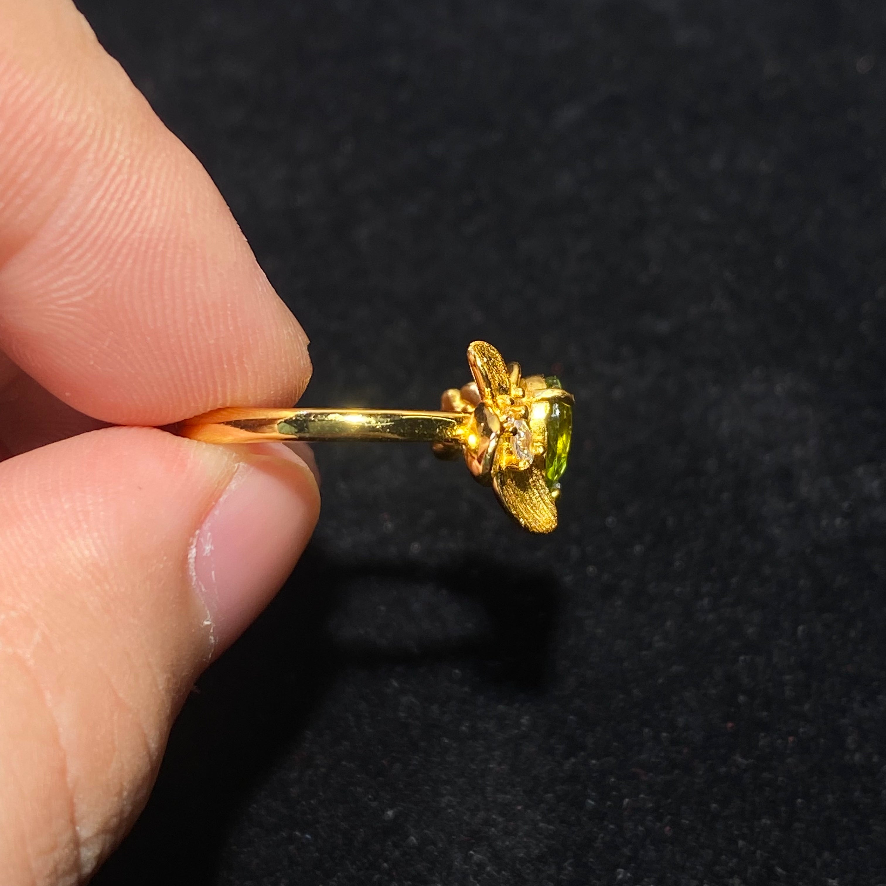 Natural Peridot Floral Leaf Open Gold Plated Ring Handcrafted leaf flower design vivid green peridot birthstone statement ring