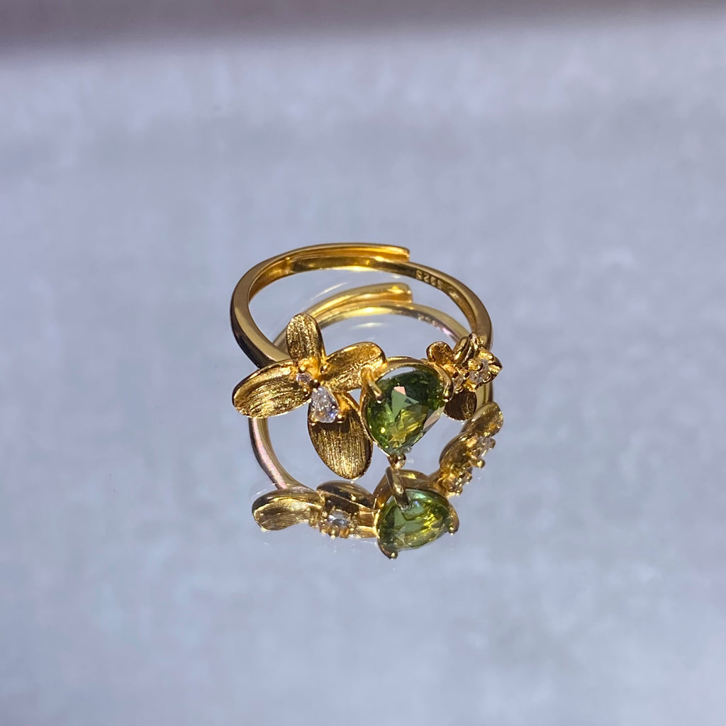 Natural Peridot Floral Leaf Open Gold Plated Ring Handcrafted leaf flower design vivid green peridot birthstone statement ring