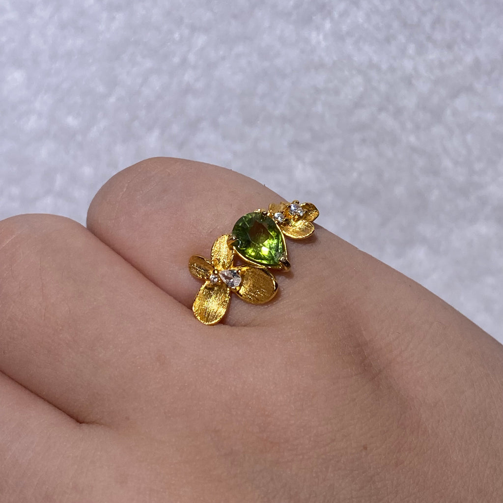 Natural Peridot Floral Leaf Open Gold Plated Ring Handcrafted leaf flower design vivid green peridot birthstone statement ring