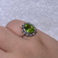 Oval Natural Peridot Halo 925 Sterling Silver Open Ring Halo diamond accent vivid green peridot August birthstone adjustable statement ring