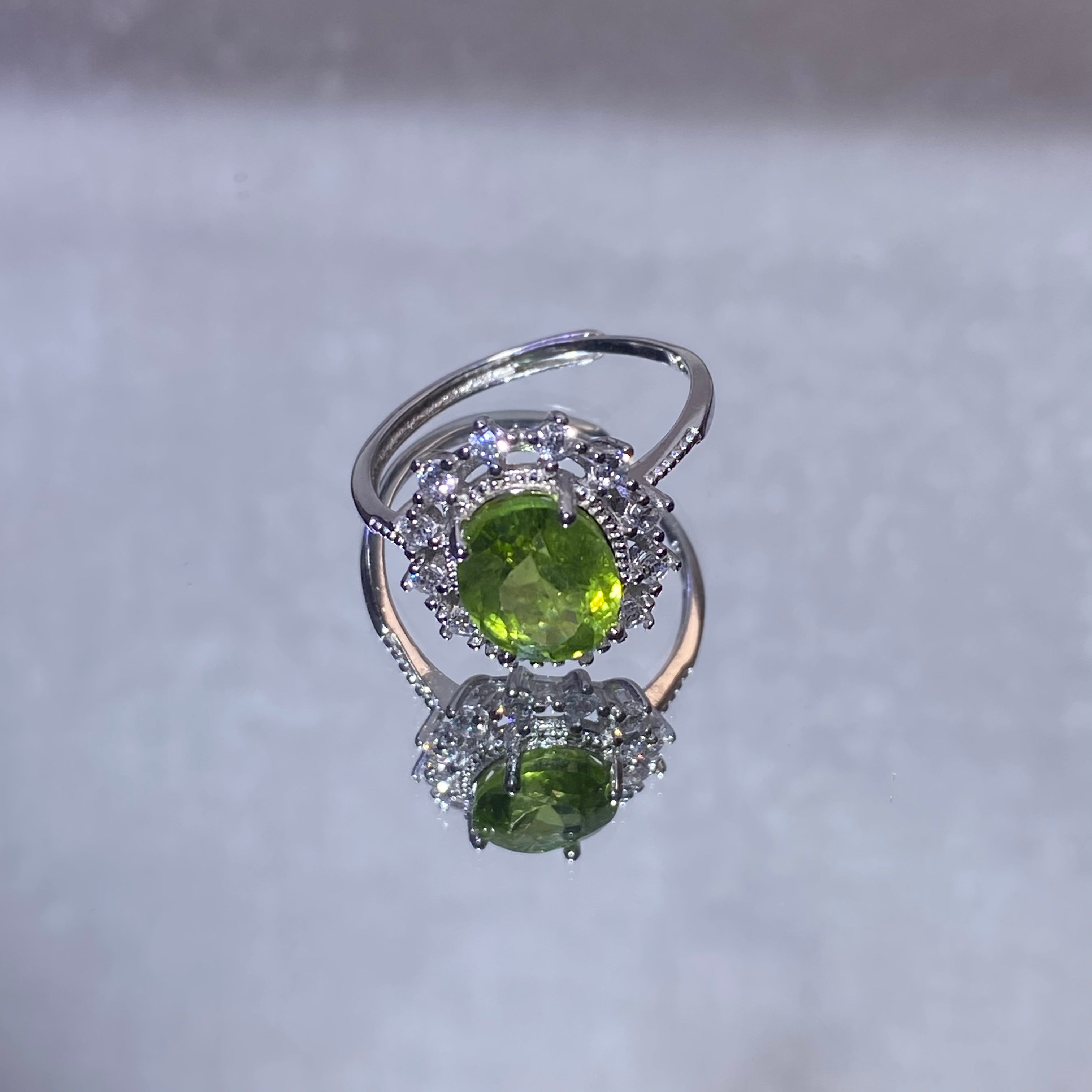 Oval Natural Peridot Halo 925 Sterling Silver Open Ring Halo diamond accent vivid green peridot August birthstone adjustable statement ring