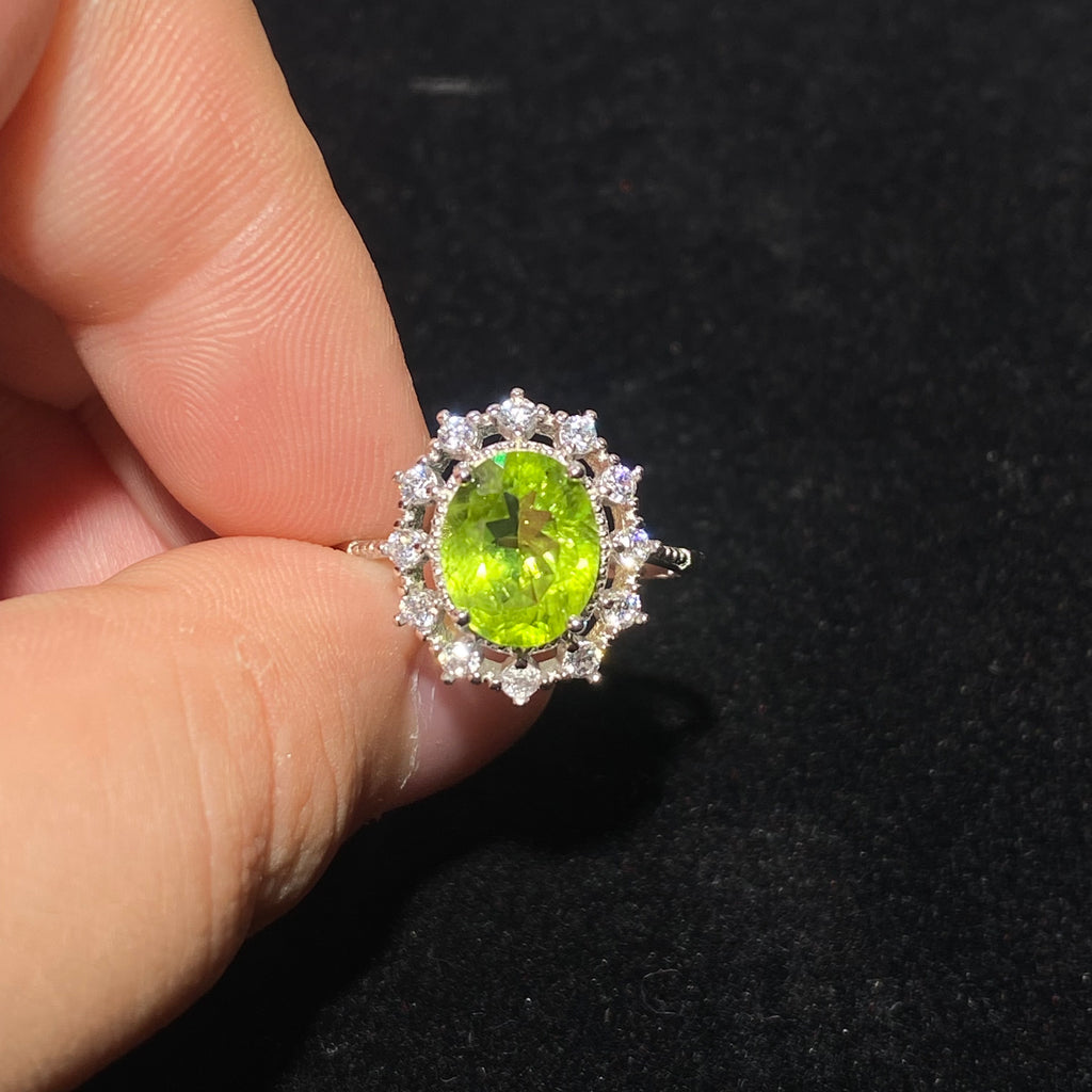 Oval Natural Peridot Halo 925 Sterling Silver Open Ring Halo diamond accent vivid green peridot August birthstone adjustable statement ring