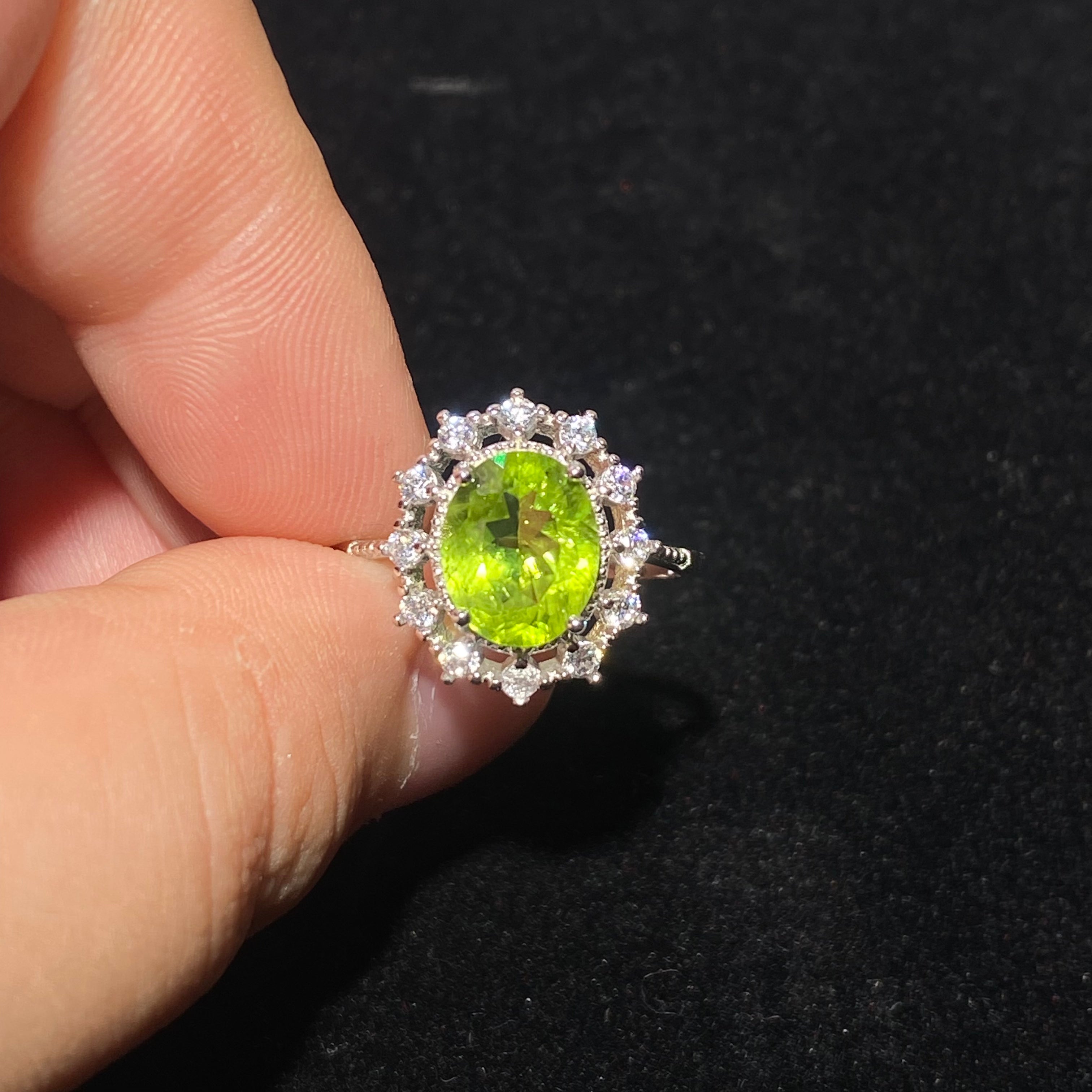 Oval Natural Peridot Halo 925 Sterling Silver Open Ring Halo diamond accent vivid green peridot August birthstone adjustable statement ring