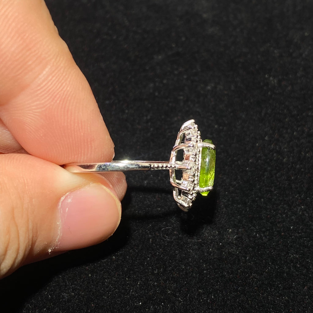 Oval Natural Peridot Halo 925 Sterling Silver Open Ring Halo diamond accent vivid green peridot August birthstone adjustable statement ring