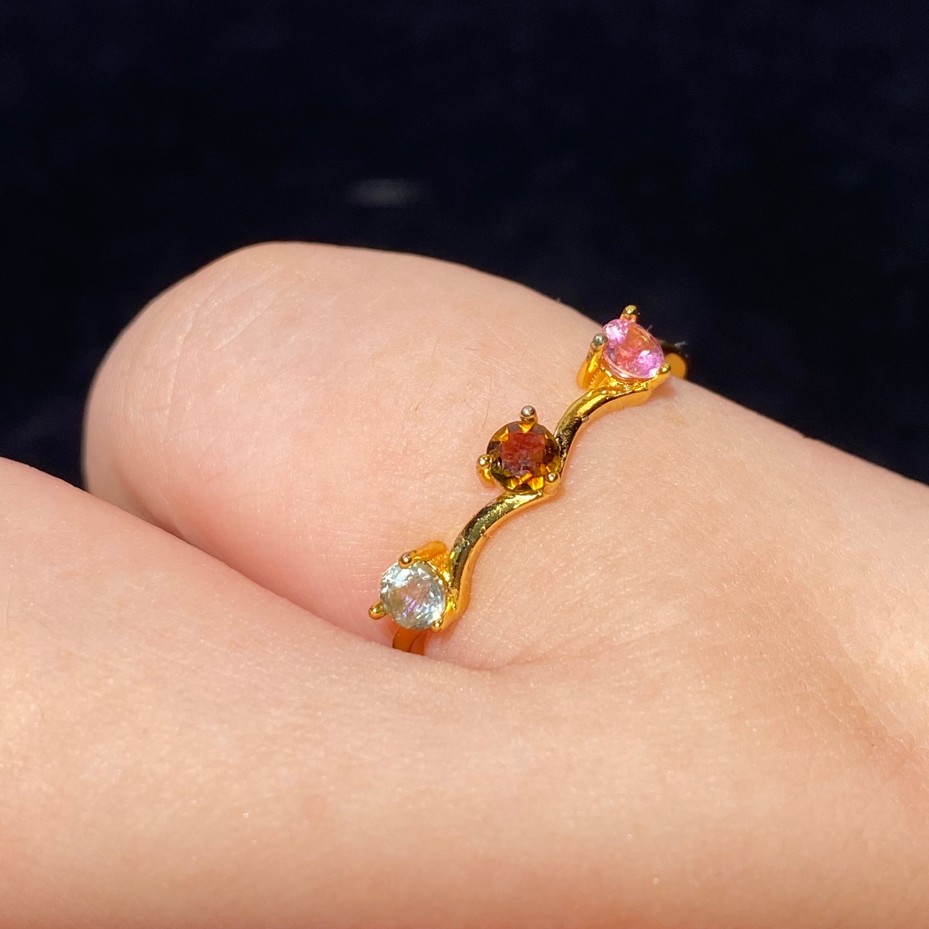 Multi-Tone Natural Tourmaline Wave Gold Plated Adjustable Open Ring Delicate curved band three-color tourmaline dainty stackable everyday ring