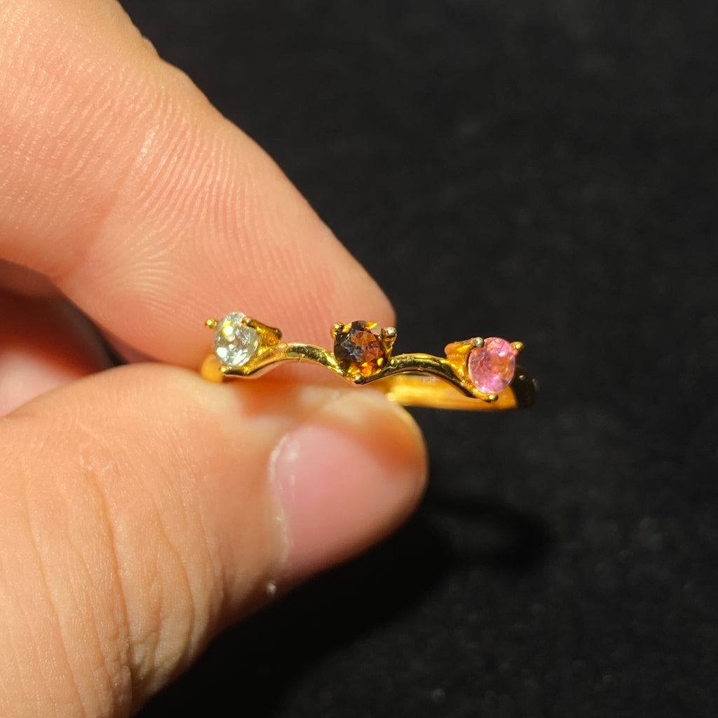 Multi-Tone Natural Tourmaline Wave Gold Plated Adjustable Open Ring Delicate curved band three-color tourmaline dainty stackable everyday ring