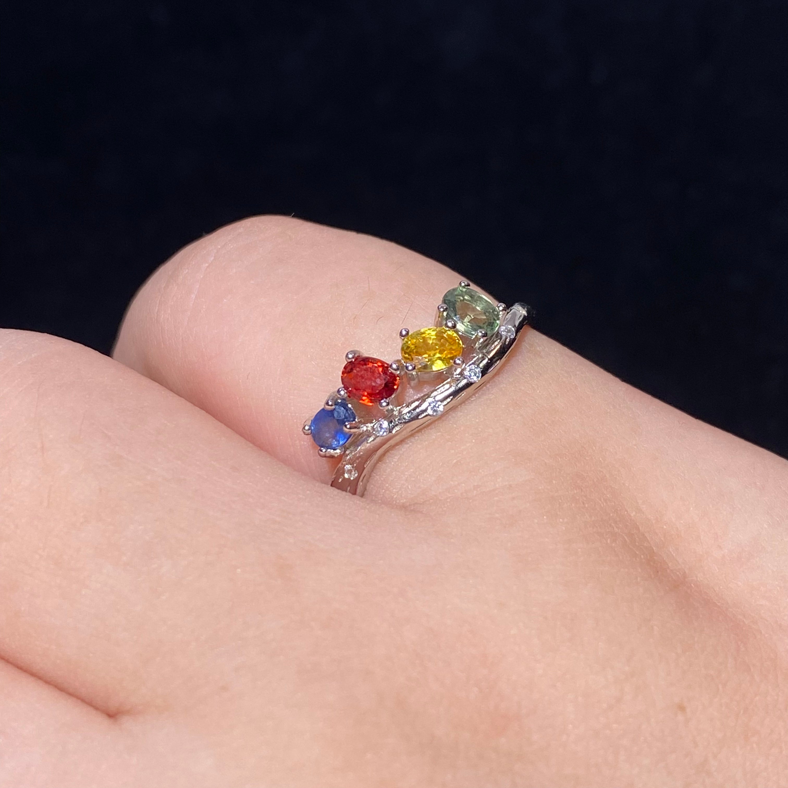 Rainbow Multi-Tourmaline Twig 925 Sterling Silver Adjustable Open Ring Twisted branch band vibrant multi-color tourmaline dainty stackable healing ring