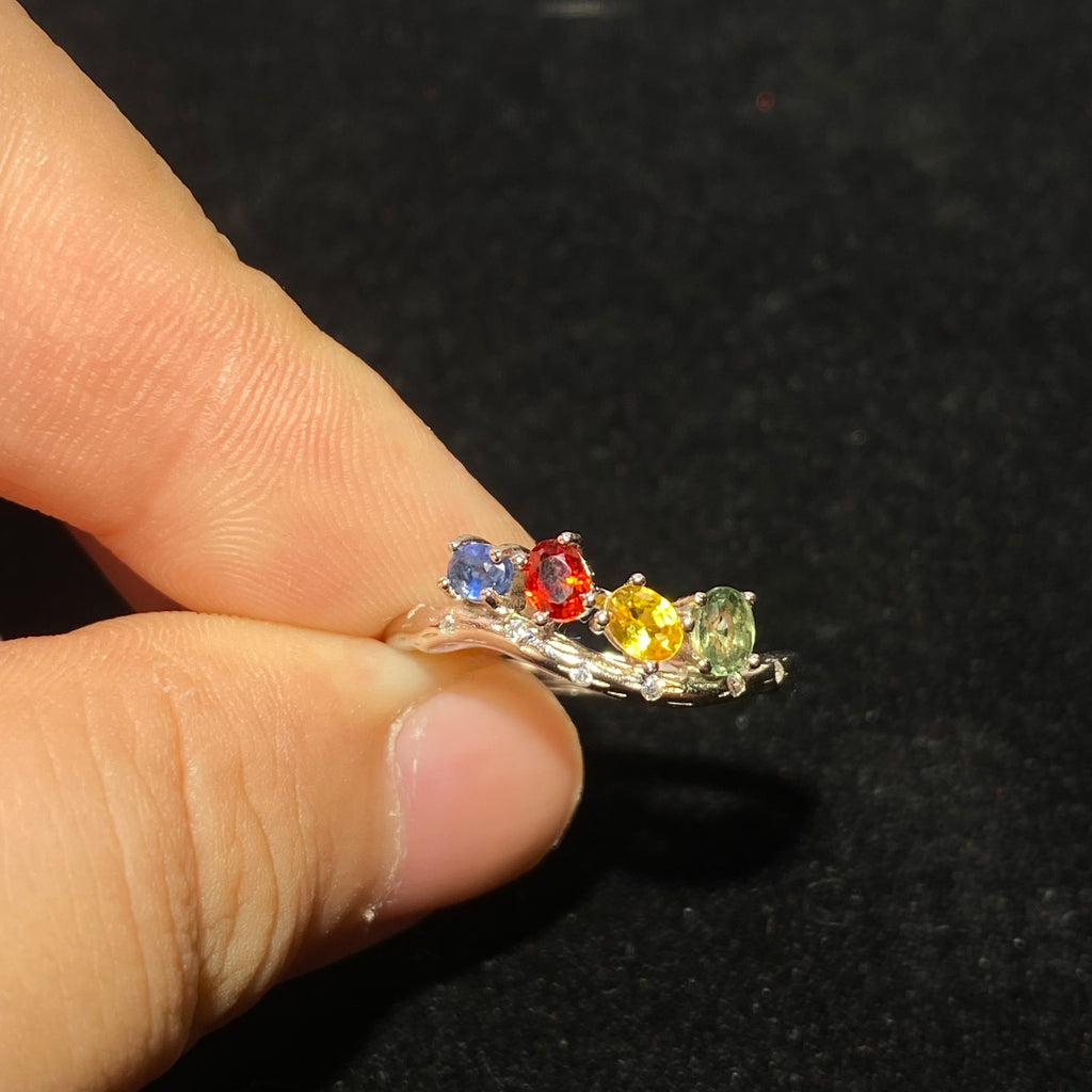 Rainbow Multi-Tourmaline Twig 925 Sterling Silver Adjustable Open Ring Twisted branch band vibrant multi-color tourmaline dainty stackable healing ring