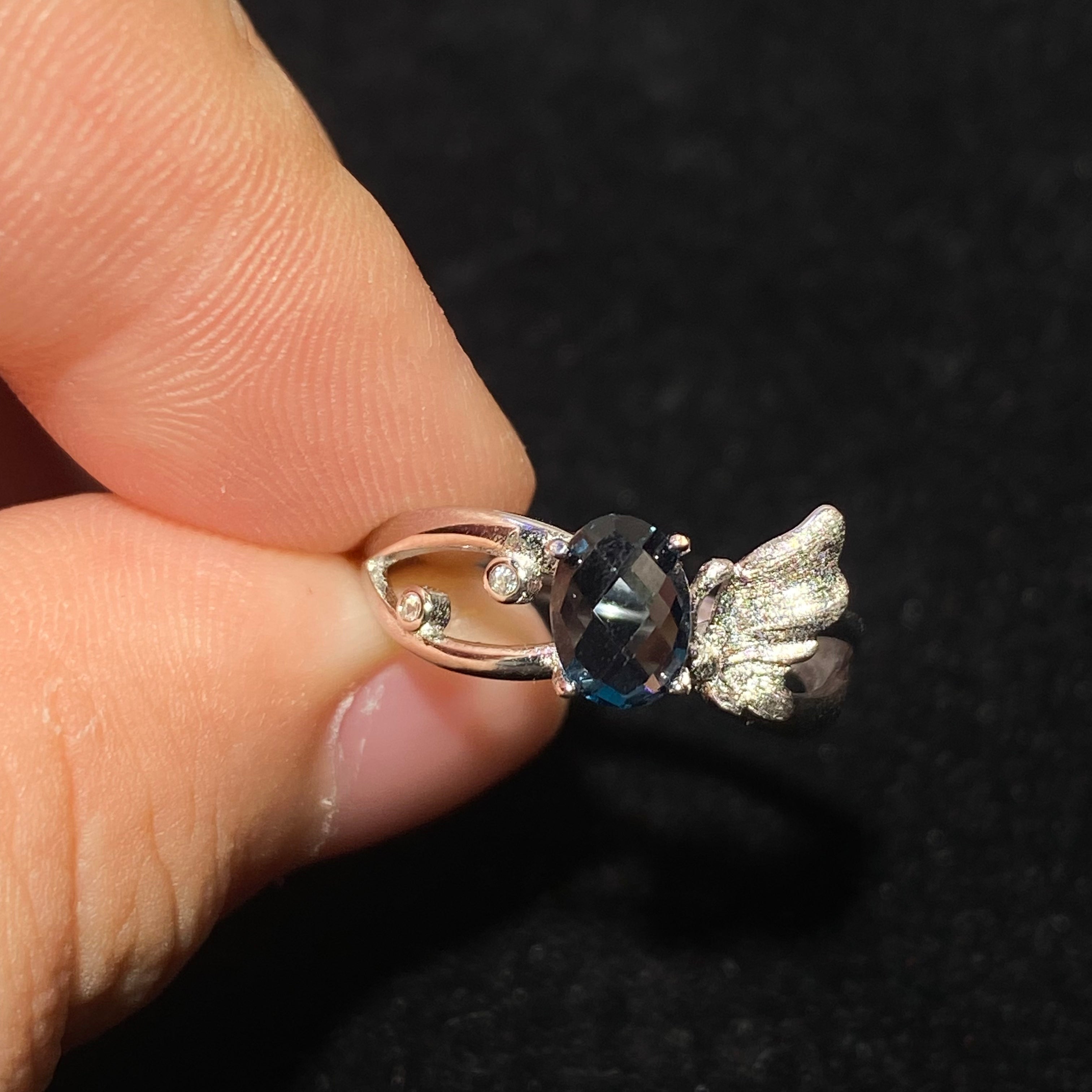 Oval London Blue Topaz Butterfly 925 Sterling Silver Adjustable Open Ring Hand sculpted butterfly detail deep blue topaz delicate fairy style adjustable ring
