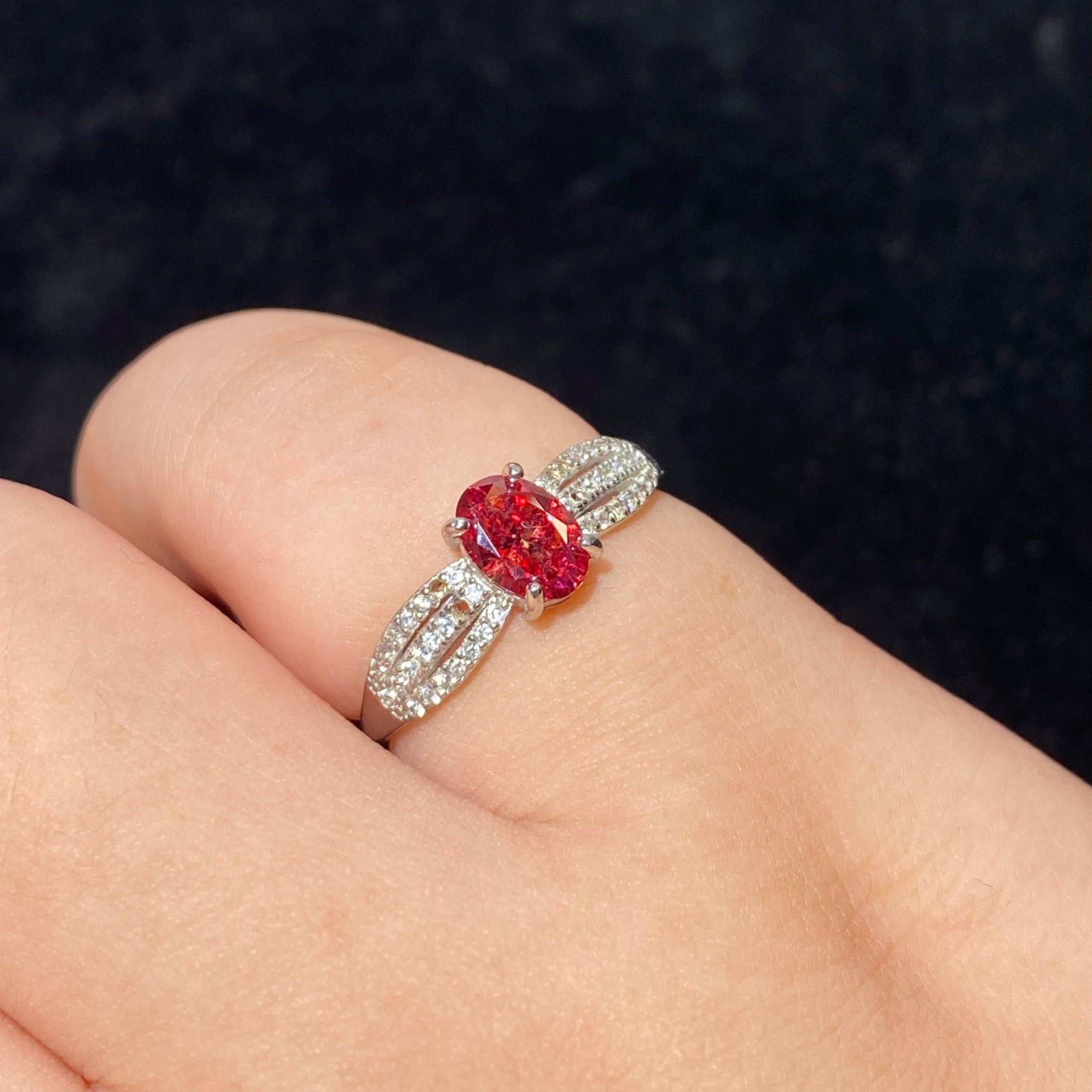 Oval Natural Red Garnet Split Pave Zircon 925 Sterling Silver Statement Ring Vibrant deep red January birthstone luxury double pave band cocktail ring