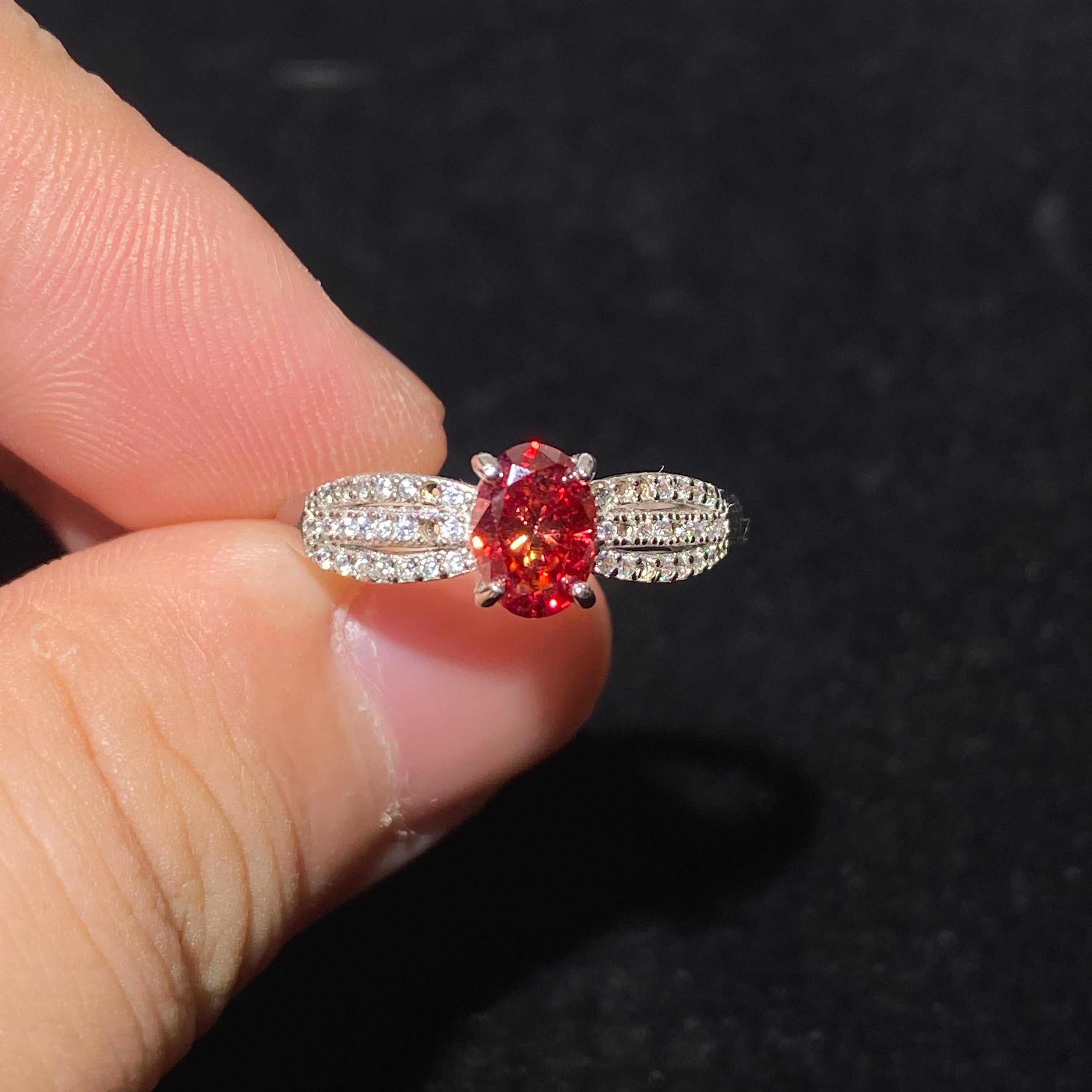 Oval Natural Red Garnet Split Pave Zircon 925 Sterling Silver Statement Ring Vibrant deep red January birthstone luxury double pave band cocktail ring